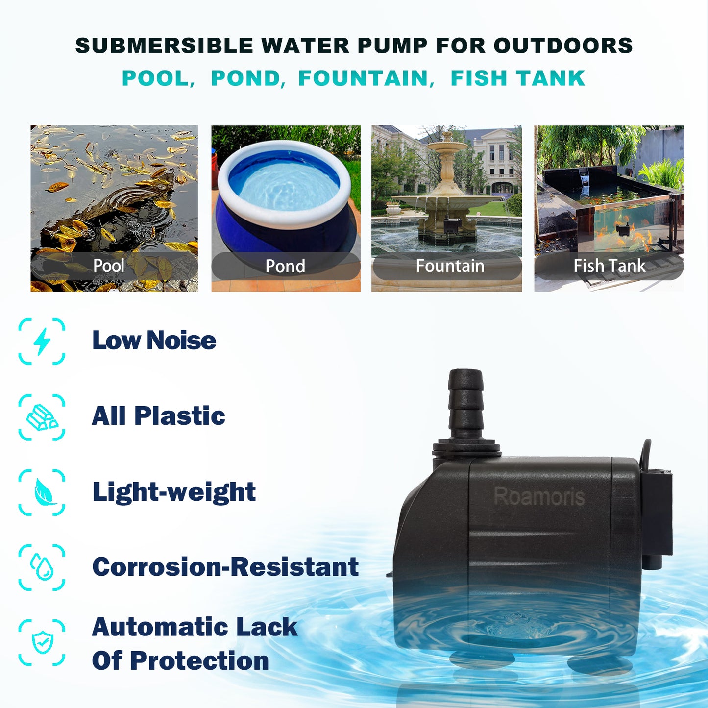 Roamoris Automatic Fountain Pump With Level Sensor,110V  Small Submersible Water Pump For Pond,Aquariums,Fish Tank, Hydroponics,PM06