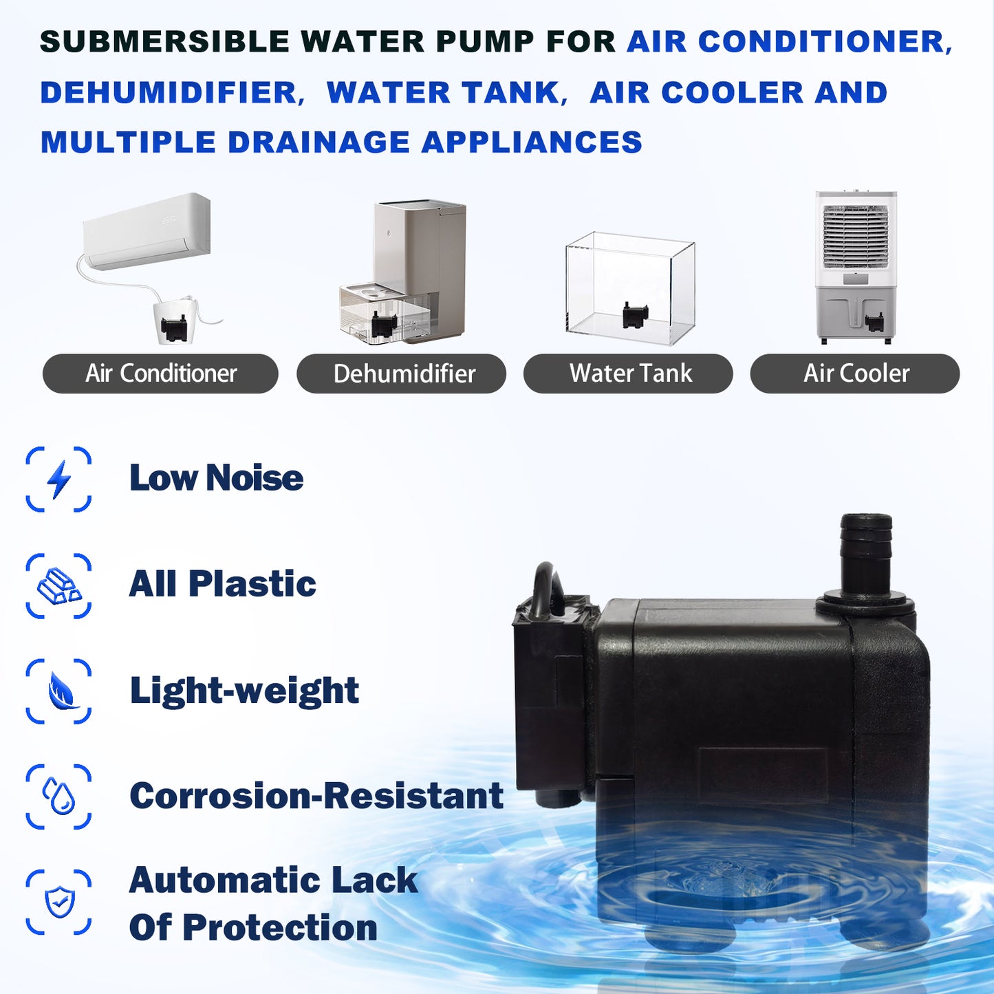 Roamoris Small Pump With Level Sensor 110V Mini Condensate Pump Automatic Submersible Water Pump For Dehumidifier,Air Conditioner,HVAC,Ice Maker, Furnace,Air Cooler,PM03