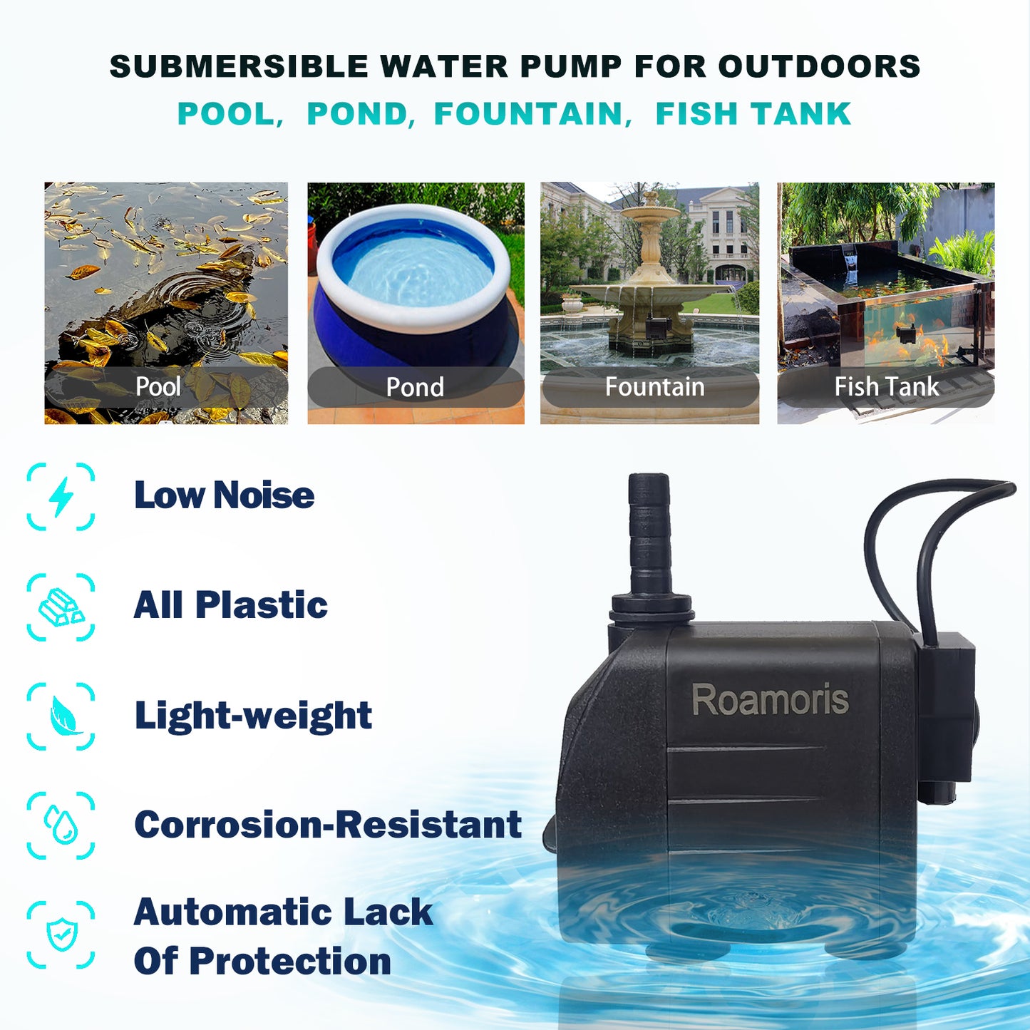 Roamoris Automatic Submersible Pump With Level Sensor,110V Fountain Water Pump For Pond , Aquariums,Fish Tank, Hydroponics,PM05